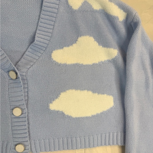 Baby Blue Cloudcore Print Cropped Cardigan Soft Knit Sweater - Picture 3 of 5